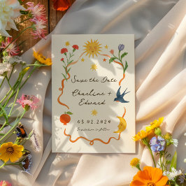 Whimsical Hand-Painted Handwritten Sun and Moon  セーブザデート