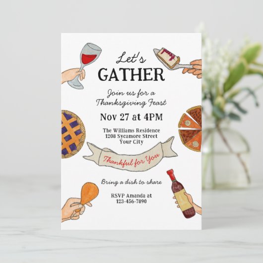 Whimsical Handdrawn Doodles Unique Thanksgiving 招待状 (スタンド正面)