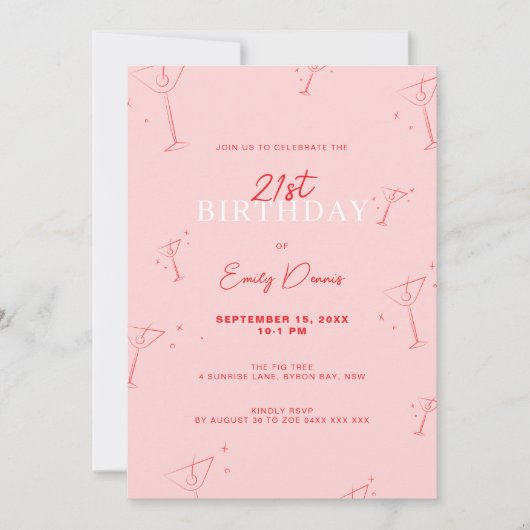 Whimsical Handdrawn martini 21st Birthday Party 招待状 (正面)