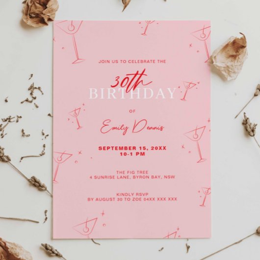 Whimsical Handdrawn martini 30th Birthday Party 招待状