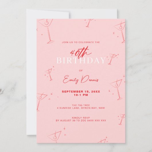 Whimsical Handdrawn martini 40th Birthday Party 招待状 (正面)