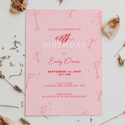 Whimsical Handdrawn martini 40th Birthday Party 招待状