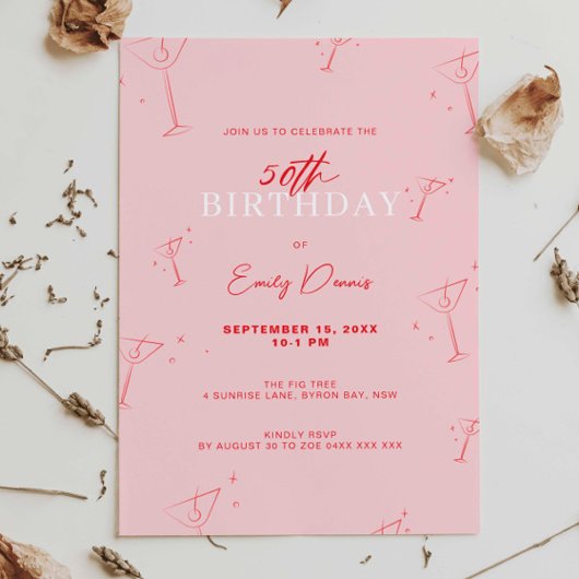 Whimsical Handdrawn martini 50th Birthday Party 招待状