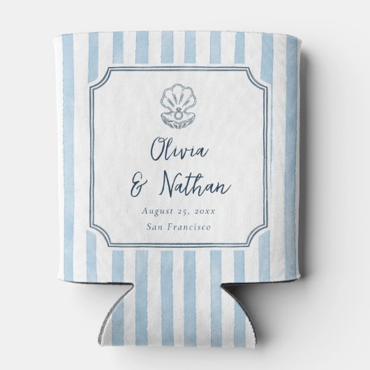 Whimsical Handdrawn Retro Blue Stripes Wedding 缶クーラー (裏面)