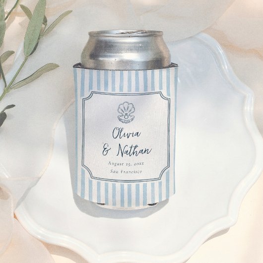 Whimsical Handdrawn Retro Blue Stripes Wedding 缶クーラー