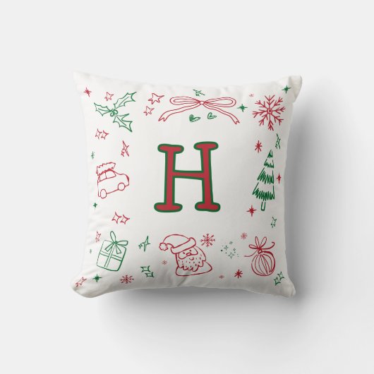 Whimsical HandDrawn style Monogram Festive クッション (正面)