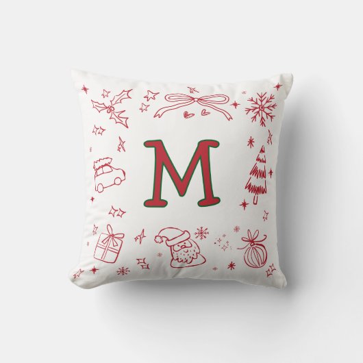 Whimsical HandDrawn style Monogram Initial Festive クッション (正面)