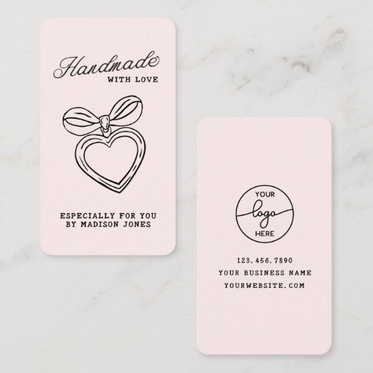 Whimsical Handmade with Love Script Heart Bow 名刺 (正面/裏面)