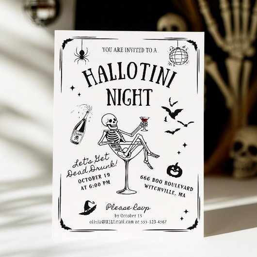Whimsical Handwritten Skeleton Martini Halloween 招待状