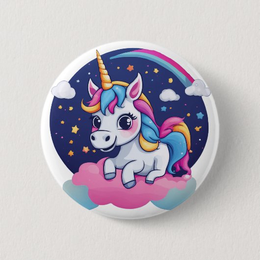 Whimsical Happy Unicorn on Pink Cloud Button 缶バッジ (正面)