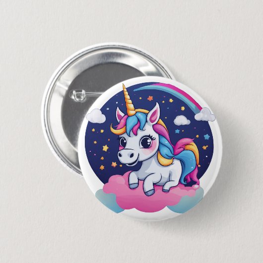 Whimsical Happy Unicorn on Pink Cloud Button 缶バッジ (正面&裏面)