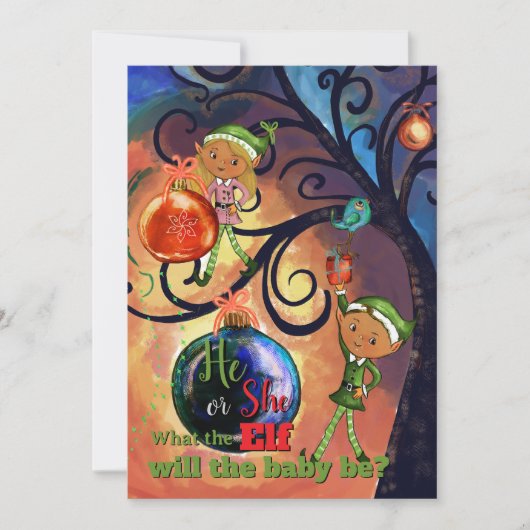 Whimsical He or She Elf & Bird Gender Invitation 招待状 (正面)