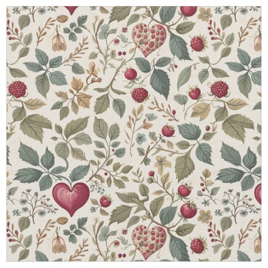 "Whimsical Heart and Berry Pattern" ファブリック (クローズアップ)