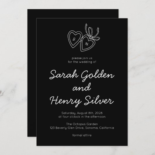 Whimsical Heart Locket Doodle Sketch Modern CUSTOM 招待状 (正面/裏面)