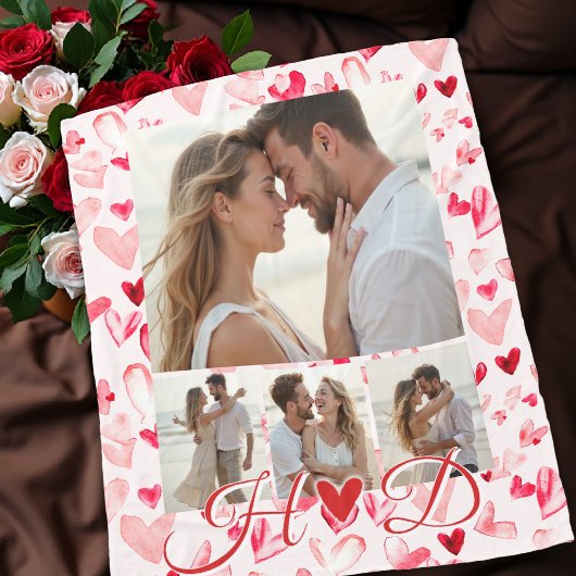 Whimsical Hearts Valentine Red Pink Photo Collage  フリースブランケット
