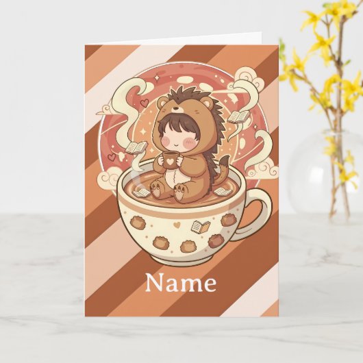 Whimsical Hedgehog Coffee Greeting Card カード (黄色い花)