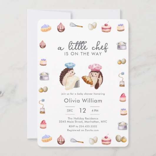 Whimsical Hedgehog Little Chef Baker Baby Shower 招待状 (正面)