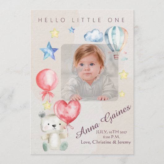Whimsical Hello Little One Announcement 招待状 (正面)