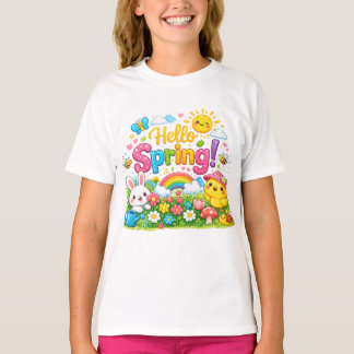 Whimsical "Hello Spring" Illustration with Bunny Tシャツ