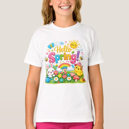Whimsical "Hello Spring" Illustration with Bunny Tシャツ (正面)