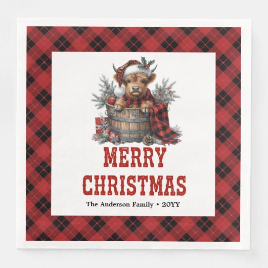 Whimsical highland cow holiday napkins buffalo  (正面)