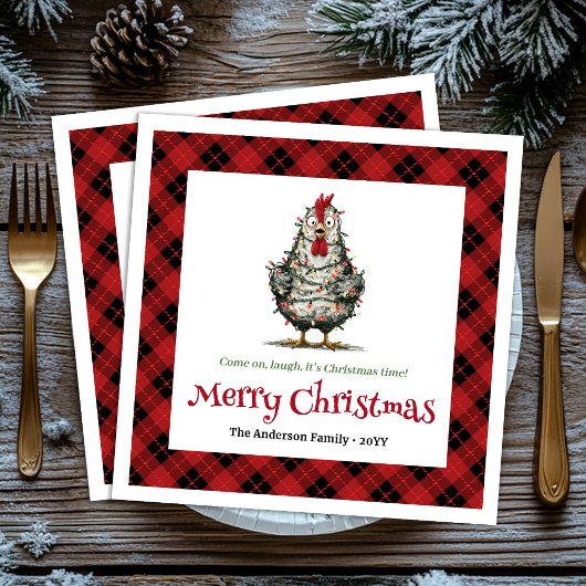 Whimsical holiday chickens napkins name editable スタンダードカクテルナプキン