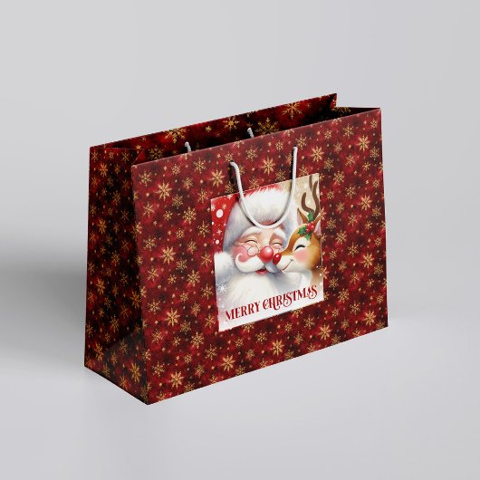 Whimsical Holiday Santa and Red Nose Rudolph Bag ラージペーパーバッグ