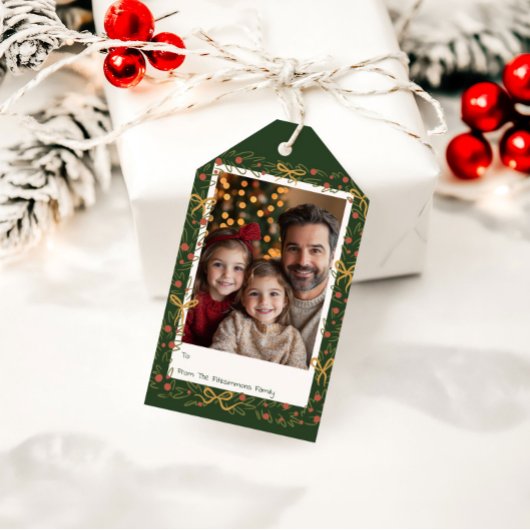 Whimsical Holiday Wreath & Bows Photo Card ギフトタグ