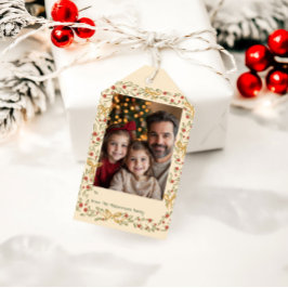 Whimsical Holiday Wreath & Bows Photo Card ギフトタグ