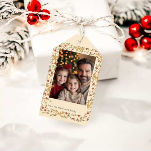 Whimsical Holiday Wreath & Bows Photo Card ギフトタグ