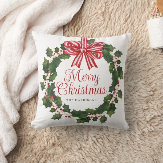 Whimsical Holly Wreath Christmas クッション (ブランケット)