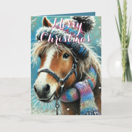 Whimsical Horse – Winter Scarf & Snowflakes カード