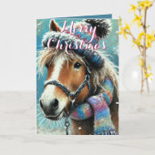 Whimsical Horse – Winter Scarf & Snowflakes カード (黄色い花)