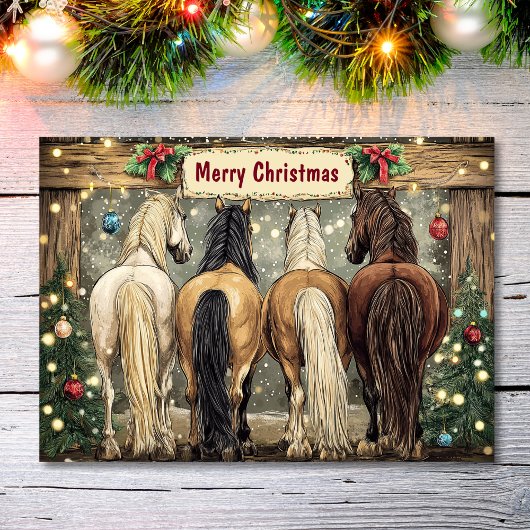 Whimsical Horses with Festive Christmas Trees シーズンカード