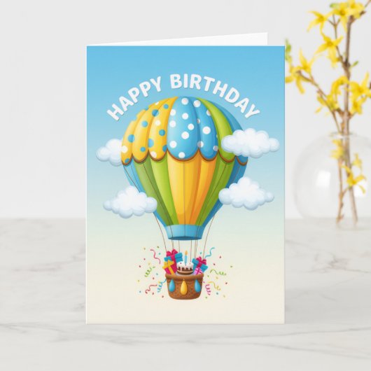 Whimsical Hot Air Balloon Birthday Card カード (黄色い花)