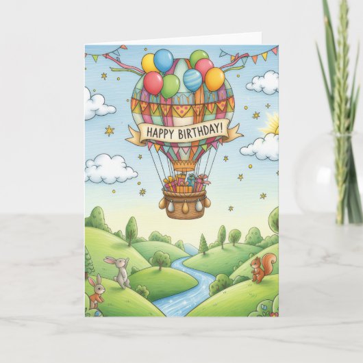 Whimsical Hot Air Balloon Woodland Birthday Card カード (正面)