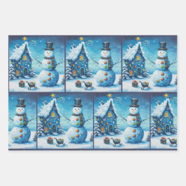 Whimsical House & Snowman Christmas Decoupage ラッピングペーパーシート