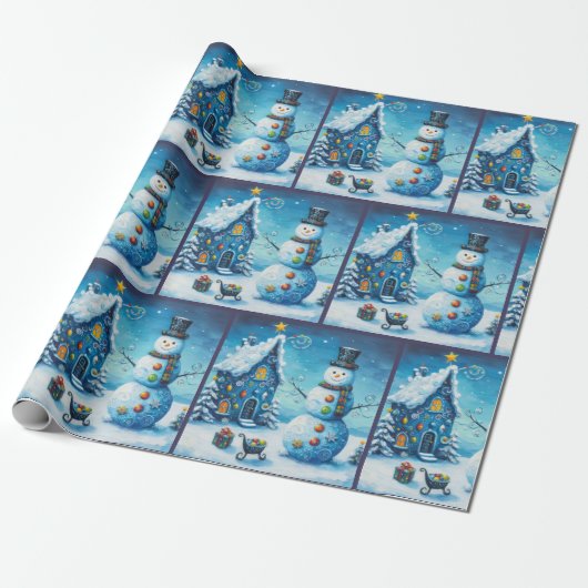 Whimsical House & Snowman Christmas Decoupage ラッピングペーパー (アンロールド)