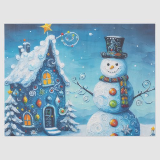 Whimsical House & Snowman Christmas Decoupage 薄葉紙 (正面)