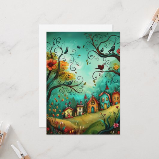 Whimsical Houses Illustration Style Hello Flat カード (正面/裏面インサイチュ)
