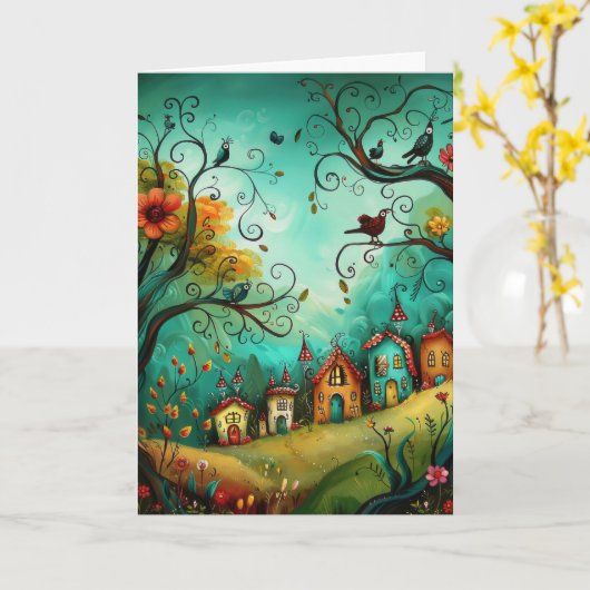 Whimsical Houses Illustration Style Hello Greeting カード (黄色い花)