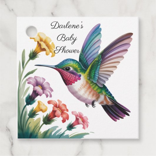 Whimsical Hummingbird Floral Baby Shower Thank You フェイバータグ (正面)