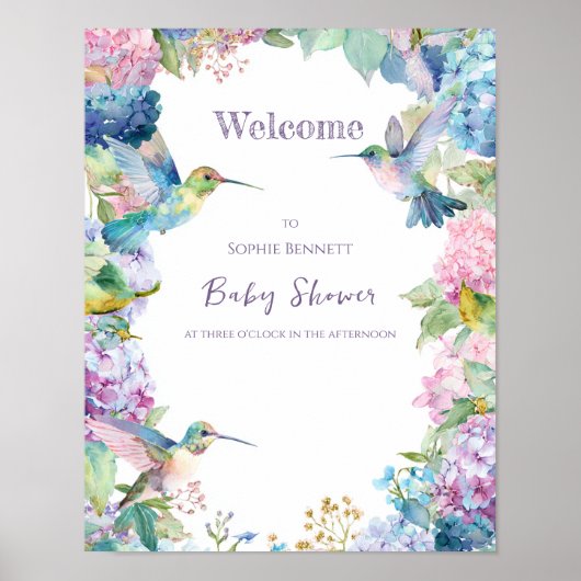 Whimsical Hummingbirds with Hydrangeas Welcome ポスター (正面)