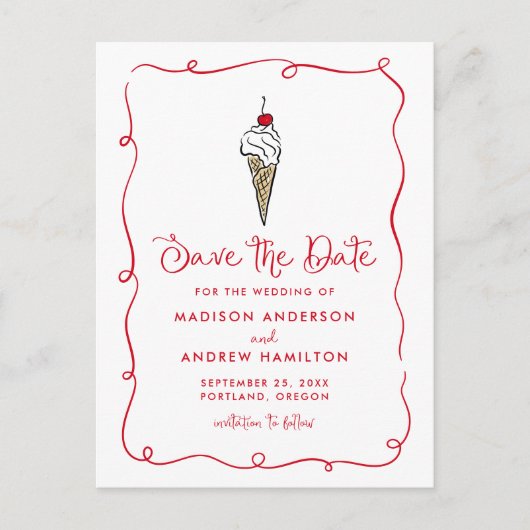 Whimsical Ice Cream Cone Wedding Save the Date 案内ポストカード (正面)