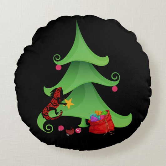 Whimsical Iguana Oh Christmas Tree ラウンドクッション (正面)