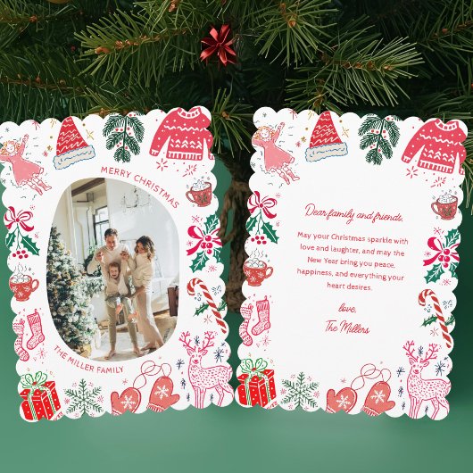 Whimsical Illustrated Colorful Christmas Photo シーズンカード
