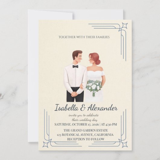Whimsical Illustrated Couple Wedding Invitation 招待状 (正面)