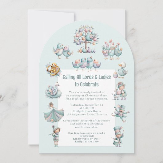 Whimsical Illustration 12 Days of Christmas Blue 招待状 (正面)