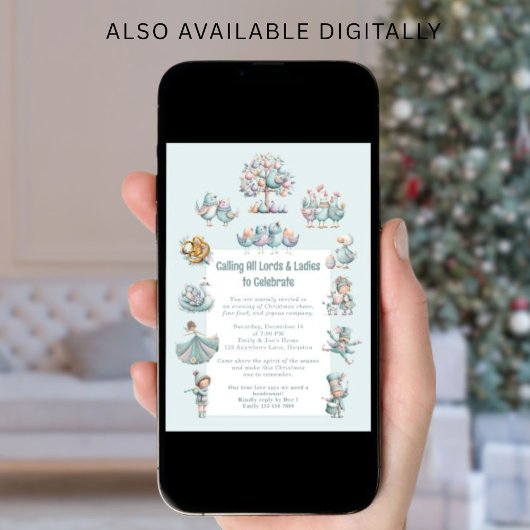 Whimsical Illustration 12 Days of Christmas Blue 招待状