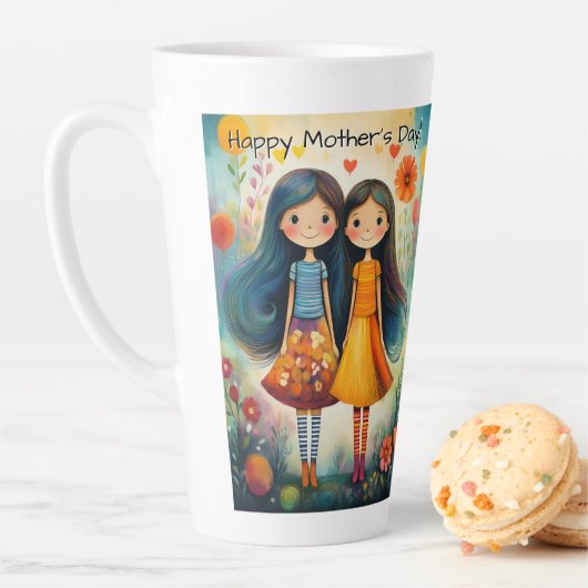 Whimsical illustration of two girls Mother’s Day カフェラテマグ (インサイチュ)
